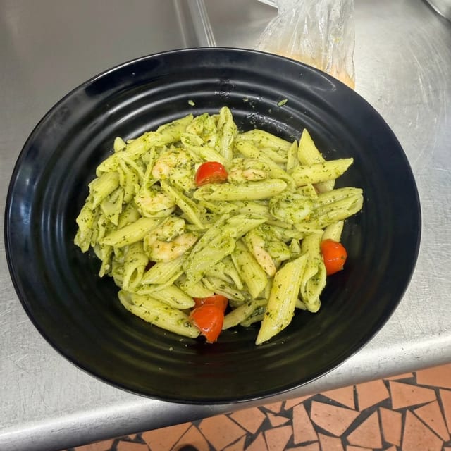 Creamy Shrimp Pesto Pasta.